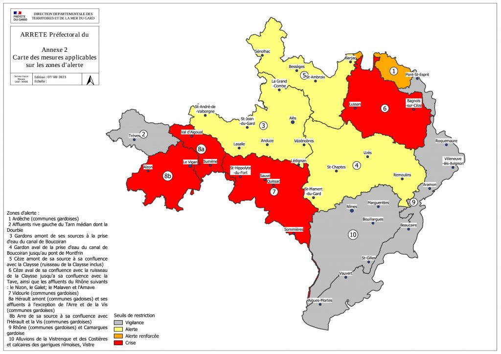 zonage des restrictions d'eau - arrêté préfectoral du 10 août 2023