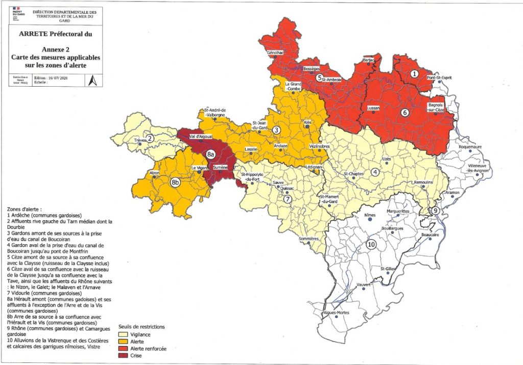 carte du zonage sécheresse dans le Gard et mesures associées